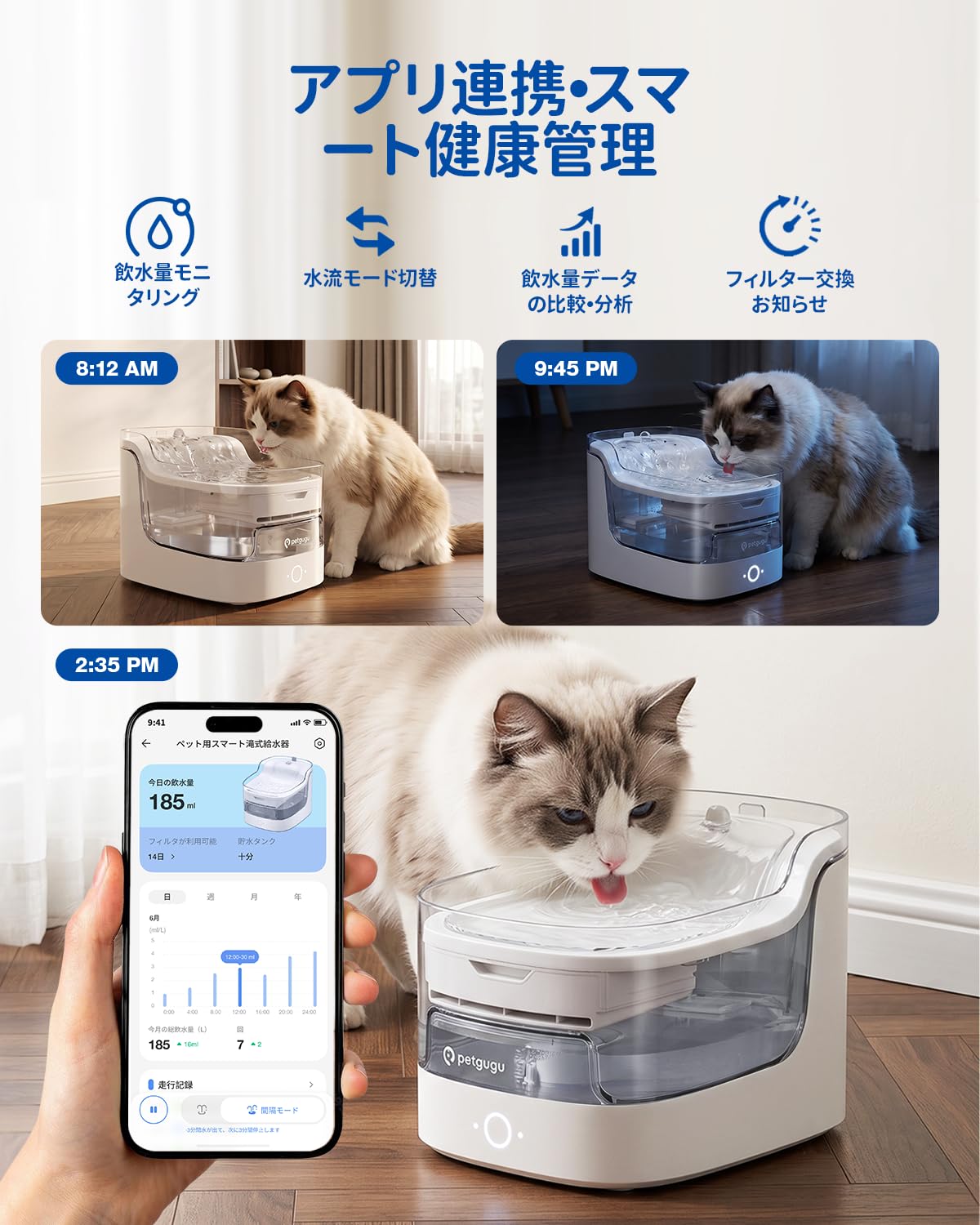 Amazon | PETGUGU 猫 自動給水器 アプリ対応 飲水記録 猫 水飲み器 2L